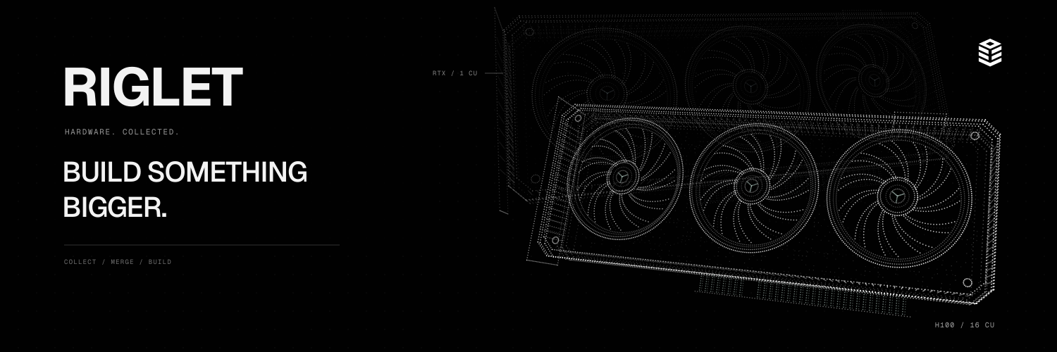 RIGLET banner with white typography and two three-dimensional particle GPUs
